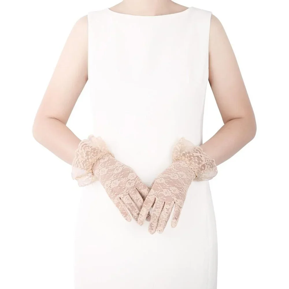 Women's Apricot Short Nylon Mesh Imported Nylon Sheer Lace Ruffles Gloves